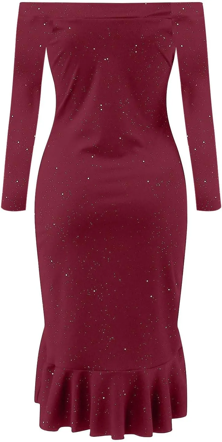 Women's Sequin Dresses Bodycon Midi Dress Off Shoulder Split Thigh Plus Size Long Sleeve Cocktail Party Prom Ball Gowns