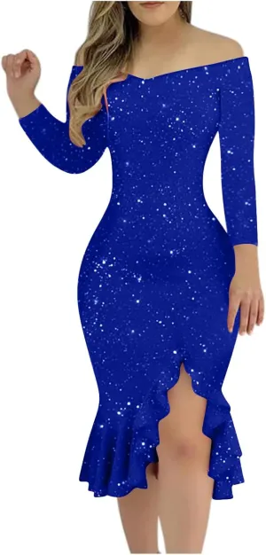 Women's Sequin Dresses Bodycon Midi Dress Off Shoulder Split Thigh Plus Size Long Sleeve Cocktail Party Prom Ball Gowns