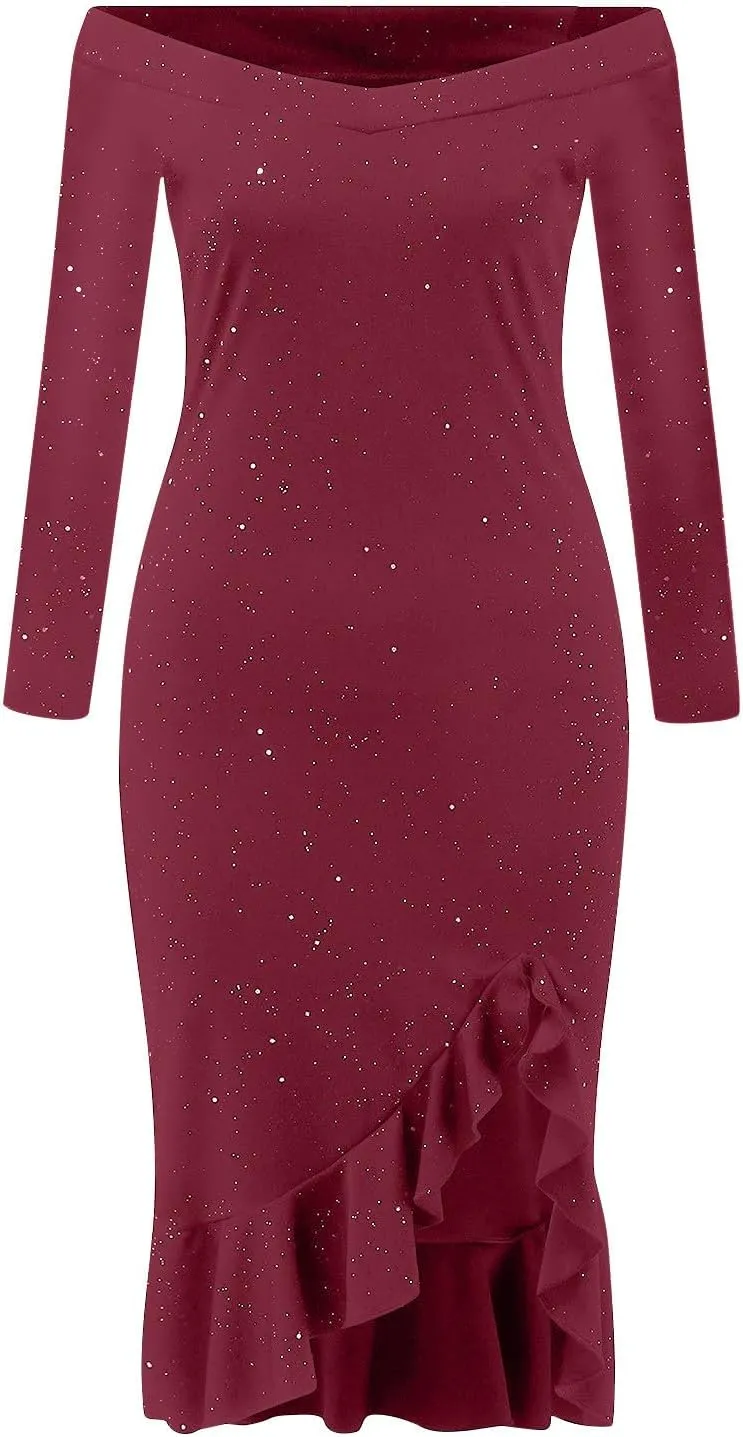 Women's Sequin Dresses Bodycon Midi Dress Off Shoulder Split Thigh Plus Size Long Sleeve Cocktail Party Prom Ball Gowns