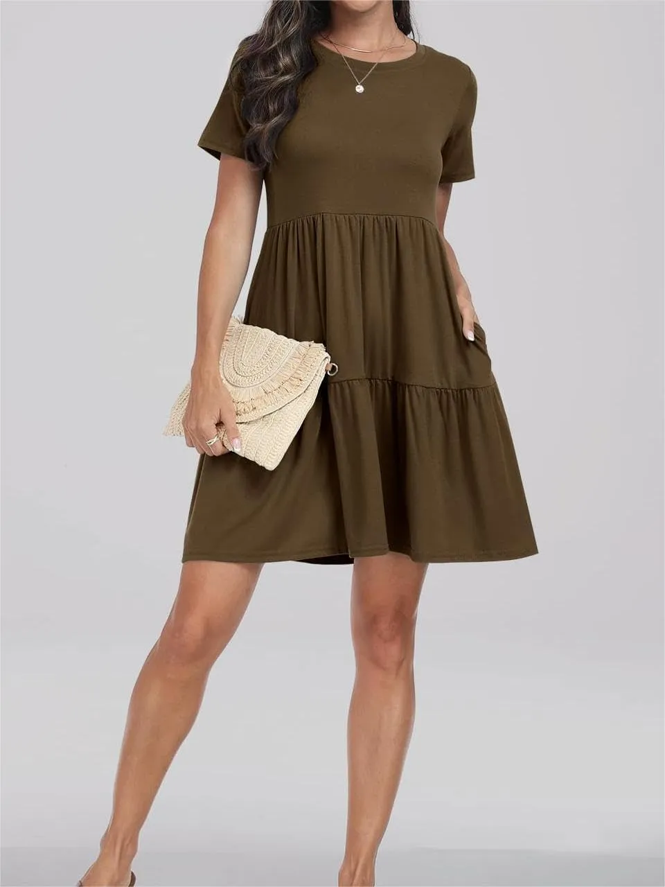 Women's Summer Dresses Crewneck Short Sleeve Mini Dress Waist Tiered A-Line Pleated Swing Dresses with Pockets