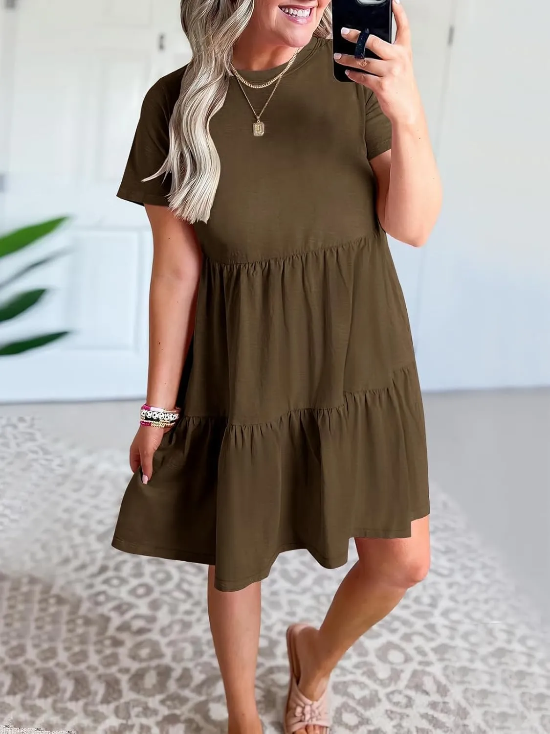 Women's Summer Dresses Crewneck Short Sleeve Mini Dress Waist Tiered A-Line Pleated Swing Dresses with Pockets