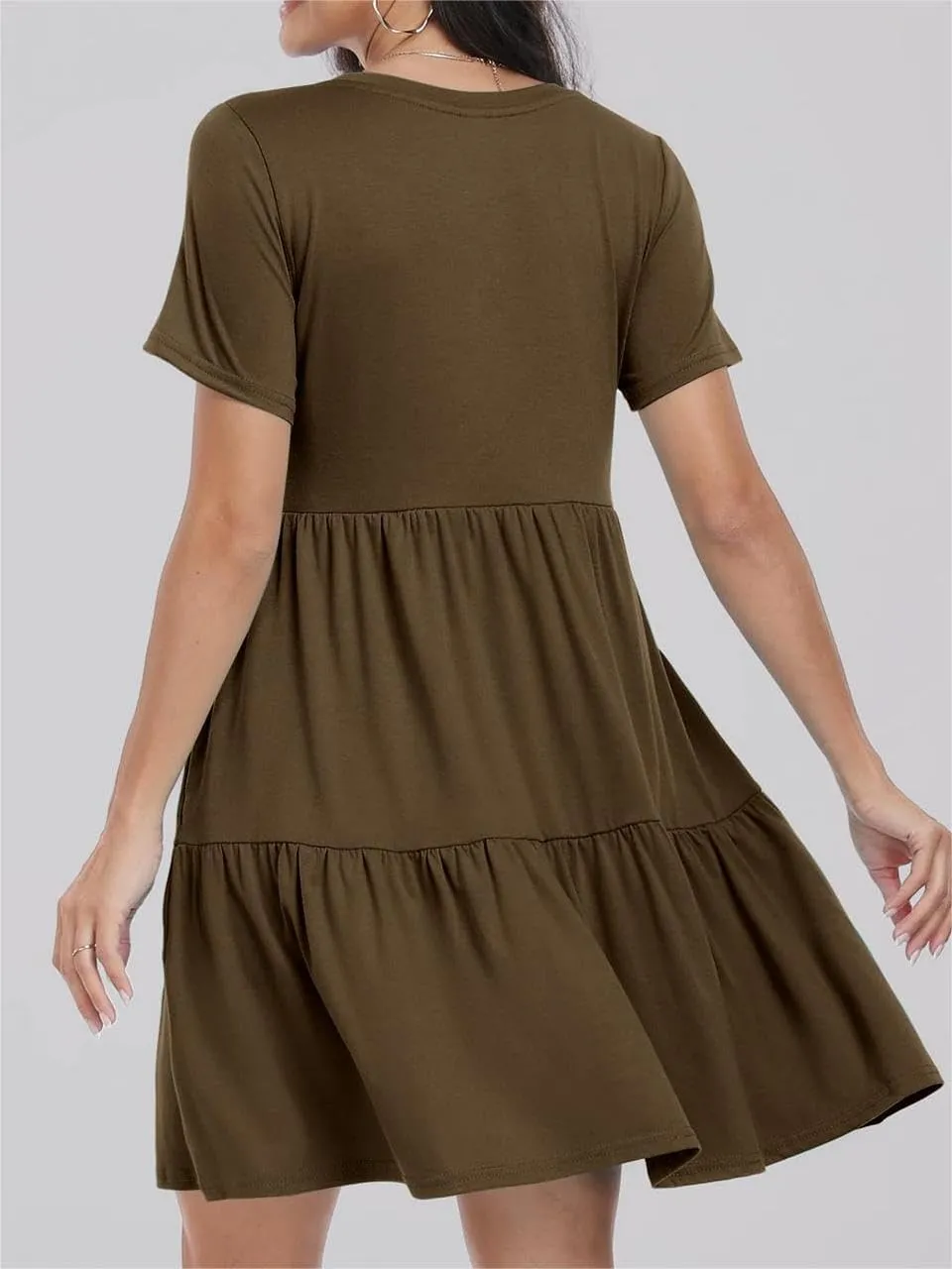 Women's Summer Dresses Crewneck Short Sleeve Mini Dress Waist Tiered A-Line Pleated Swing Dresses with Pockets