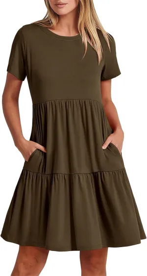 Women's Summer Dresses Crewneck Short Sleeve Mini Dress Waist Tiered A-Line Pleated Swing Dresses with Pockets