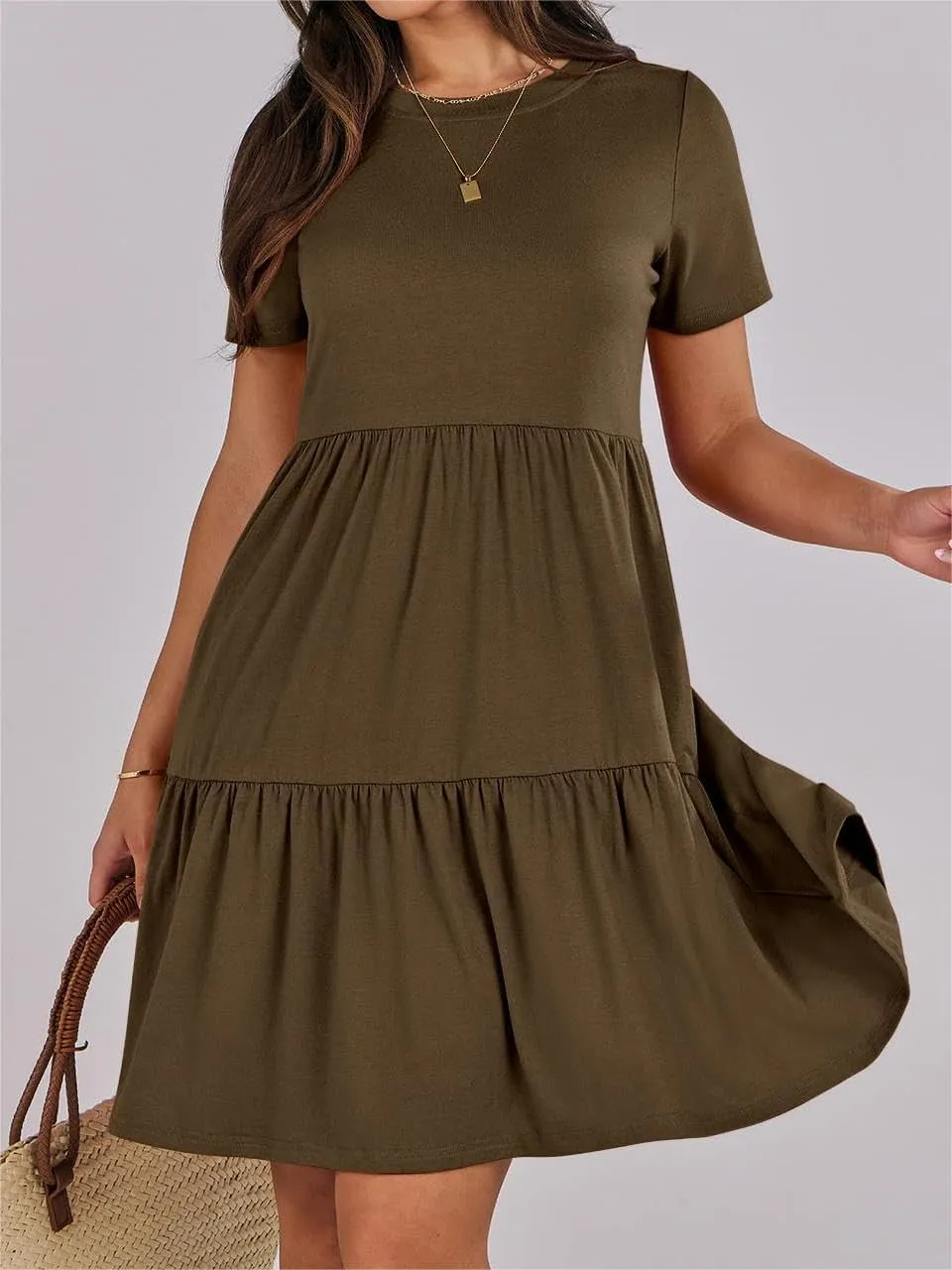 Women's Summer Dresses Crewneck Short Sleeve Mini Dress Waist Tiered A-Line Pleated Swing Dresses with Pockets