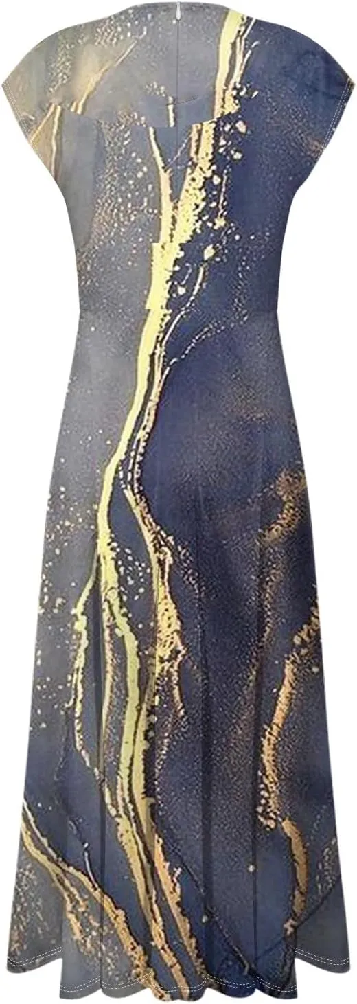 Womens Summer Dresses Flowy Ruched Sleeveless Sundress Floral Print Wrap V Neck Maxi Dress High Waist Boho Dress