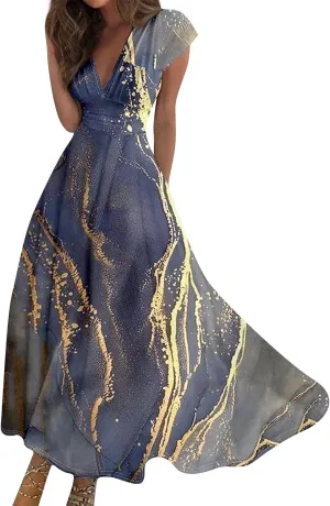 Womens Summer Dresses Flowy Ruched Sleeveless Sundress Floral Print Wrap V Neck Maxi Dress High Waist Boho Dress