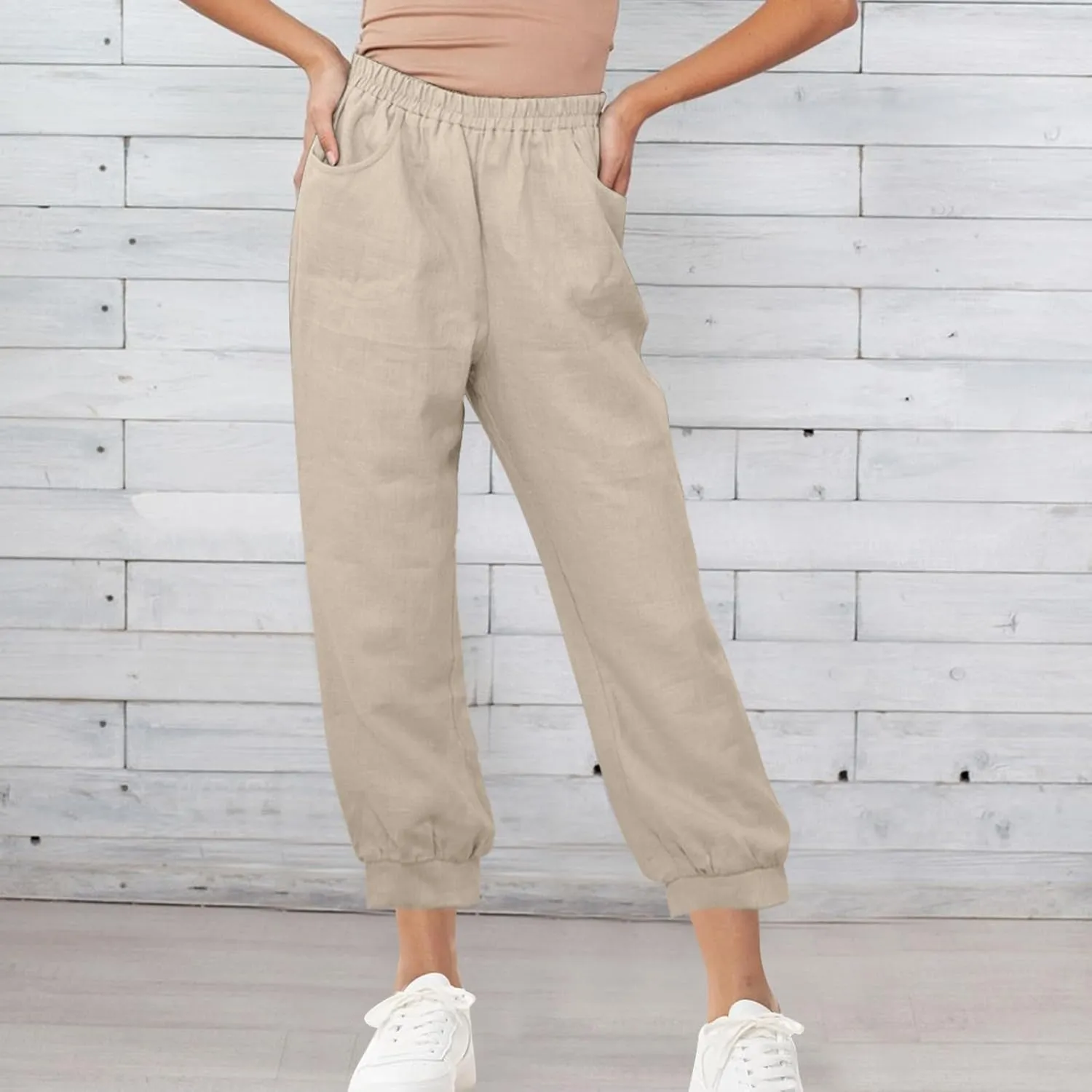 Womens Summer Pants Loose Cotton Linen Wide Leg Pant High Wiast Beach Travel Vacation Lounge Trousers with Pockets