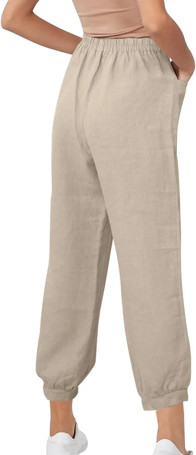 Womens Summer Pants Loose Cotton Linen Wide Leg Pant High Wiast Beach Travel Vacation Lounge Trousers with Pockets