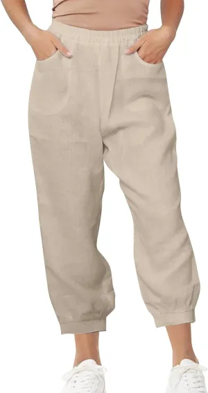 Womens Summer Pants Loose Cotton Linen Wide Leg Pant High Wiast Beach Travel Vacation Lounge Trousers with Pockets