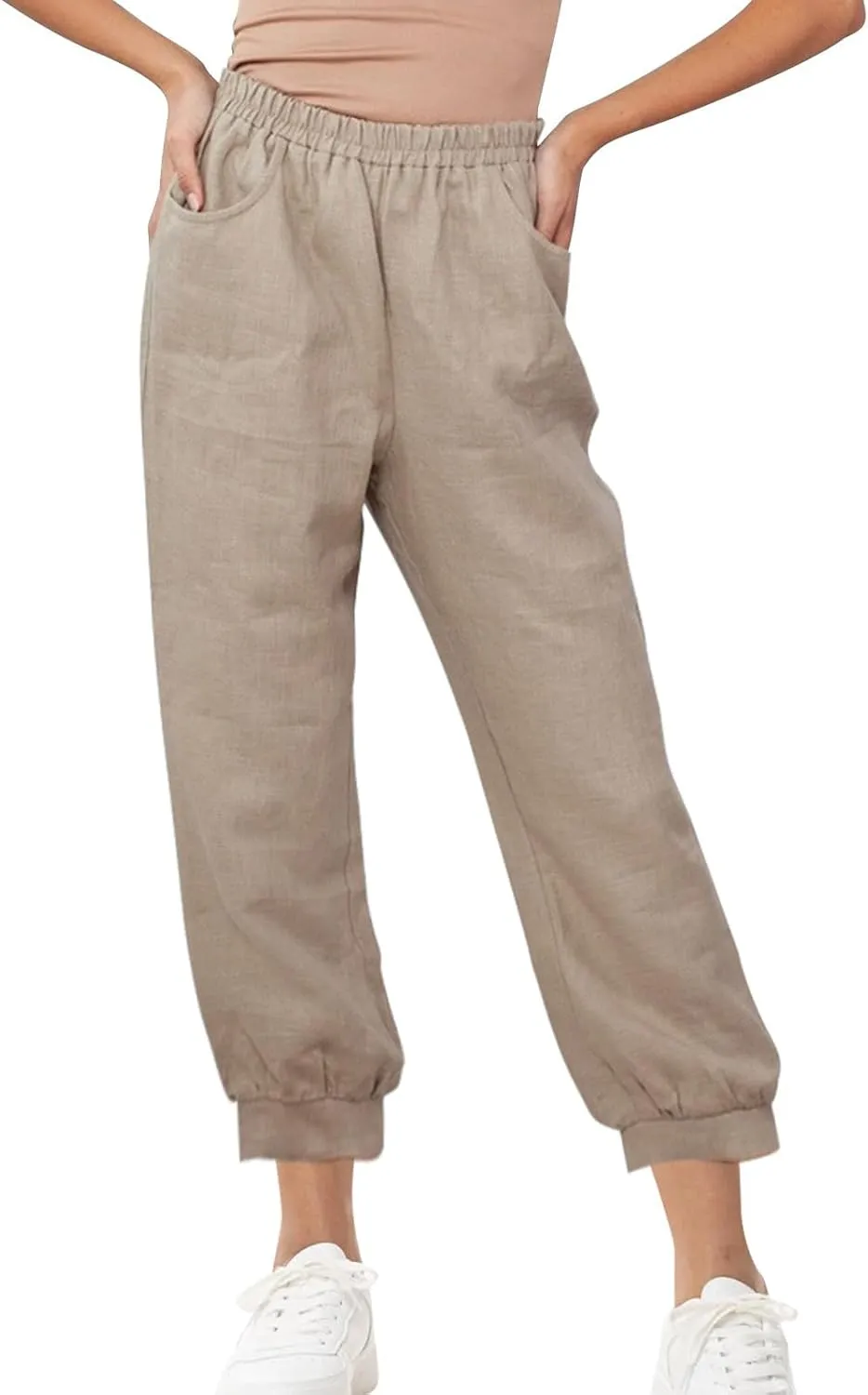 Womens Summer Pants Loose Cotton Linen Wide Leg Pant High Wiast Beach Travel Vacation Lounge Trousers with Pockets