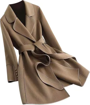 Women's Trench Coat 2024 Notched Lapel Collar Woolen Blend Pea Coat Elegant Double Breasted Mid-Long Overcoats