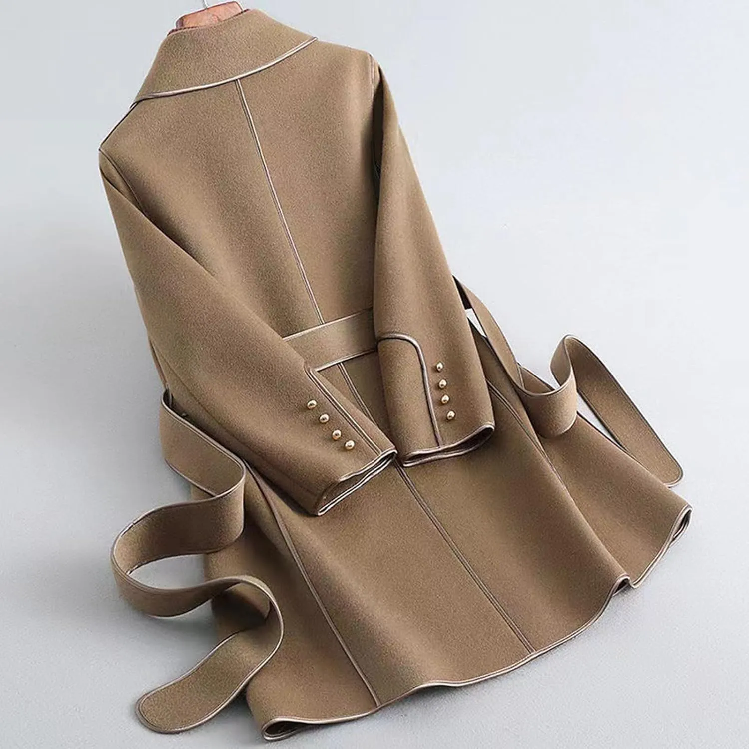 Women's Trench Coat 2024 Notched Lapel Collar Woolen Blend Pea Coat Elegant Double Breasted Mid-Long Overcoats