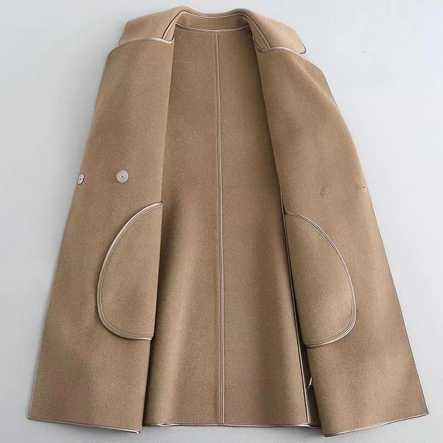 Women's Trench Coat 2024 Notched Lapel Collar Woolen Blend Pea Coat Elegant Double Breasted Mid-Long Overcoats