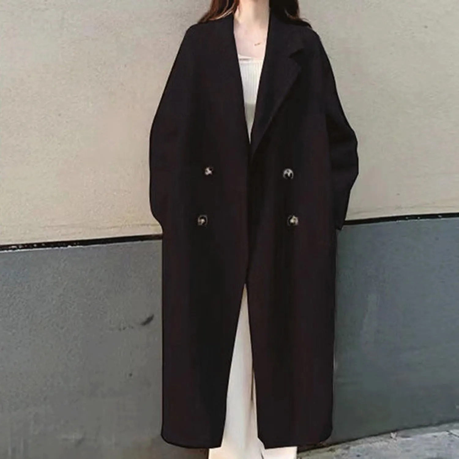 Women's Trench Coat 2024 Notched Lapel Collar Woolen Blend Pea Coat Elegant Double Breasted Mid-Long Overcoats