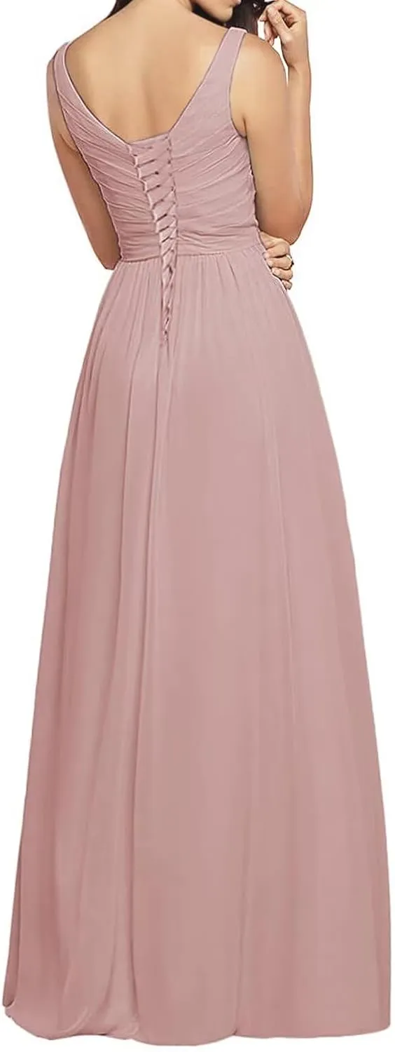 Women's V Neck Bridesmaid Dresses Long Pleats Chiffon Formal Party Dress with Pockets