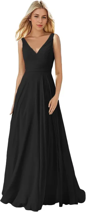 Women's V Neck Bridesmaid Dresses Long Pleats Chiffon Formal Party Dress with Pockets