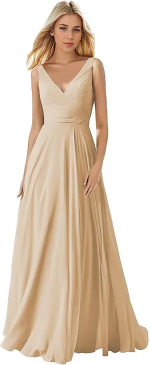 Women's V Neck Bridesmaid Dresses Long Pleats Chiffon Formal Party Dress with Pockets