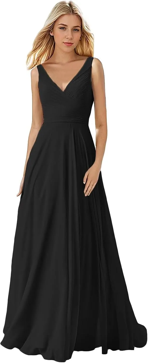 Women's V Neck Bridesmaid Dresses Long Pleats Chiffon Formal Party Dress with Pockets