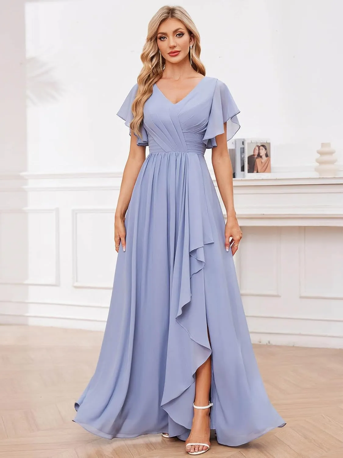 Women's V Neck Chiffon Bridesmaid Dresses for Wedding Short Sleeve Long Formal Dress Party Gowns with Slit