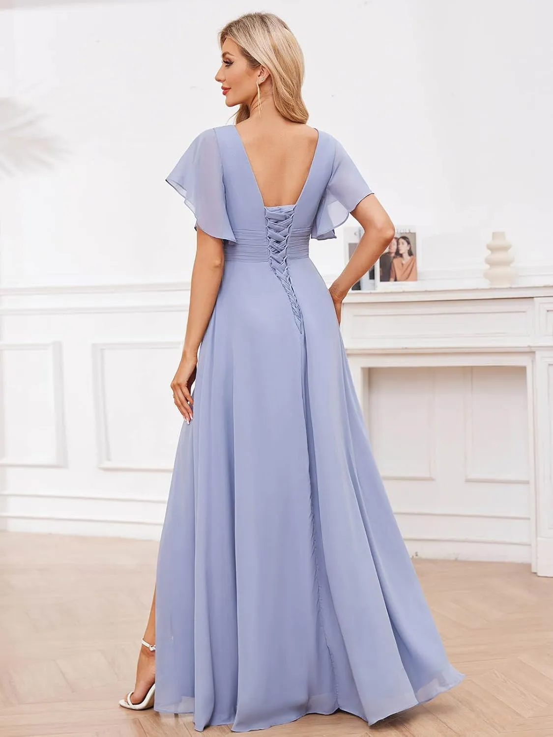 Women's V Neck Chiffon Bridesmaid Dresses for Wedding Short Sleeve Long Formal Dress Party Gowns with Slit