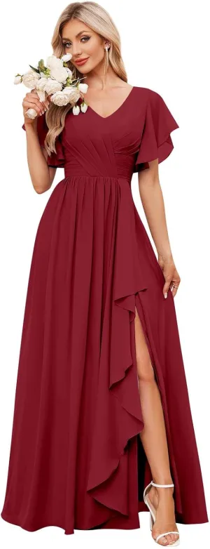 Women's V Neck Chiffon Bridesmaid Dresses for Wedding Short Sleeve Long Formal Dress Party Gowns with Slit