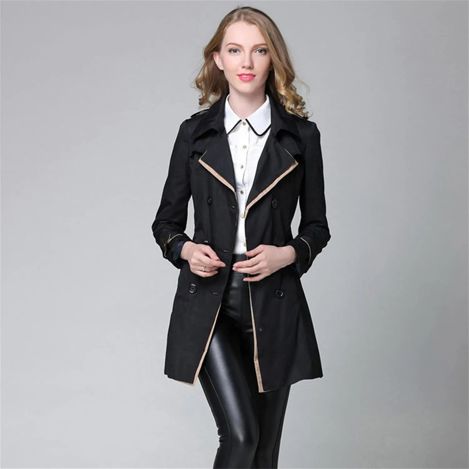 Women's Waterproof Double-Breasted Trench Coat Solid Color Classic Lapel Overcoat Fashion Slim Outerwear Coat With Belt