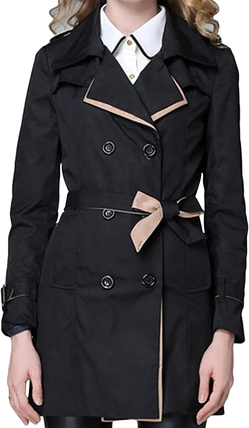 Women's Waterproof Double-Breasted Trench Coat Solid Color Classic Lapel Overcoat Fashion Slim Outerwear Coat With Belt