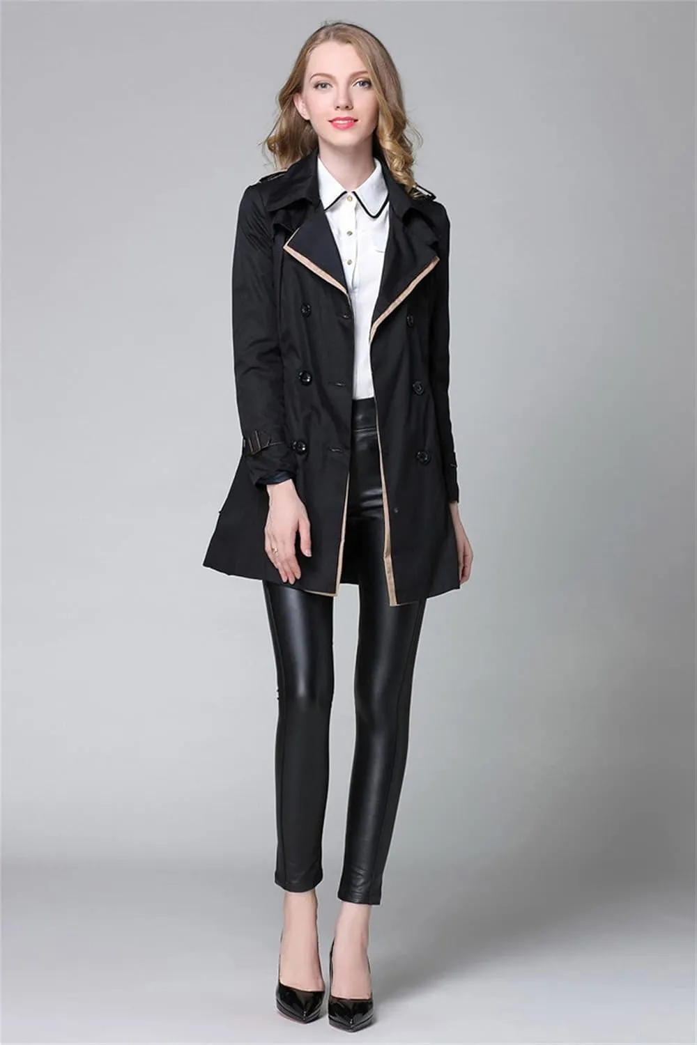 Women's Waterproof Double-Breasted Trench Coat Solid Color Classic Lapel Overcoat Fashion Slim Outerwear Coat With Belt