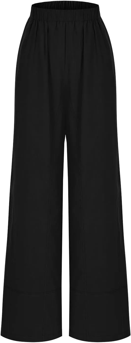 Women's Wide Leg Linen Pants Loose Casual Elastic High Waisted Long Pant Summer Beach Vacation Trousers with Pocket