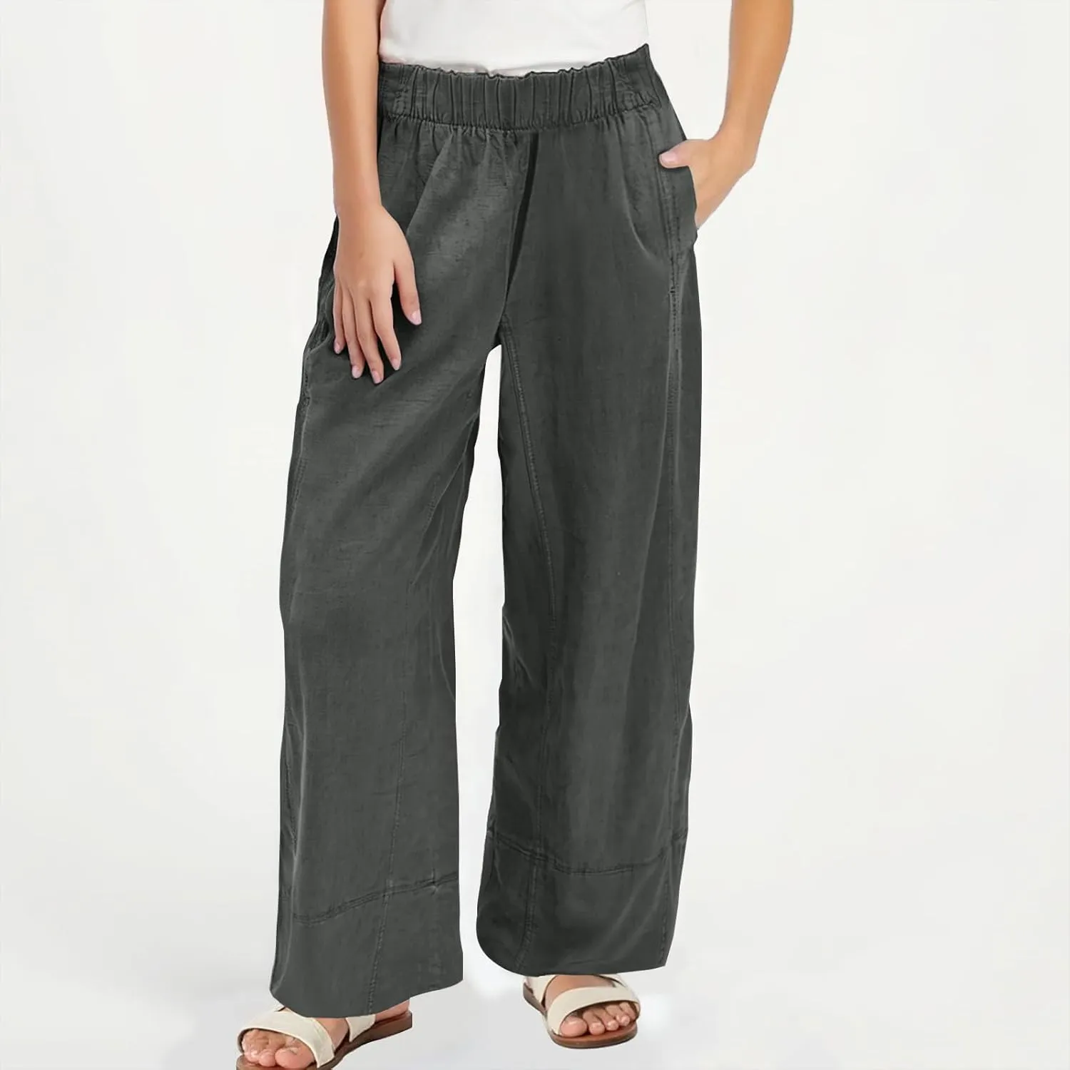 Women's Wide Leg Linen Pants Loose Casual Elastic High Waisted Long Pant Summer Beach Vacation Trousers with Pocket
