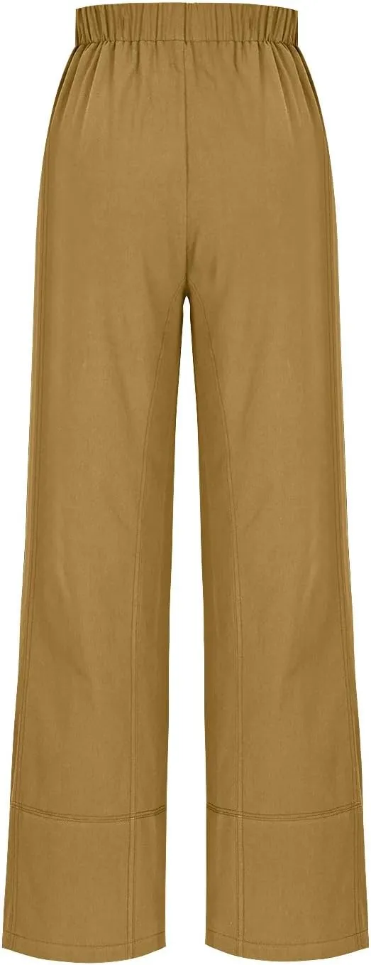 Women's Wide Leg Linen Pants Loose Casual Elastic High Waisted Long Pant Summer Beach Vacation Trousers with Pocket