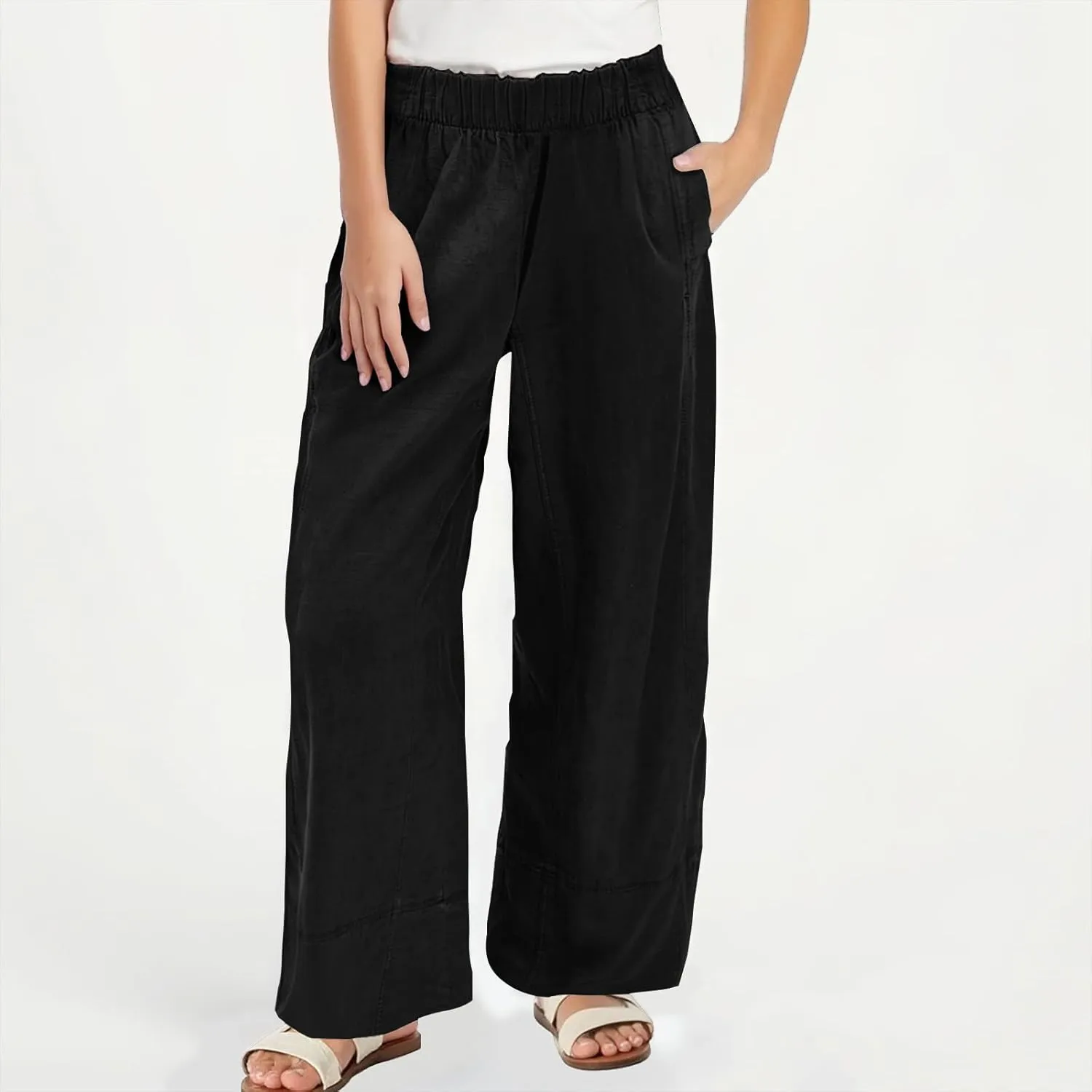 Women's Wide Leg Linen Pants Loose Casual Elastic High Waisted Long Pant Summer Beach Vacation Trousers with Pocket