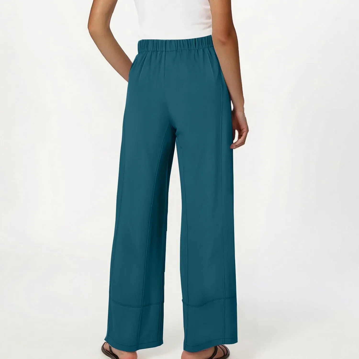 Women's Wide Leg Linen Pants Loose Casual Elastic High Waisted Long Pant Summer Beach Vacation Trousers with Pocket