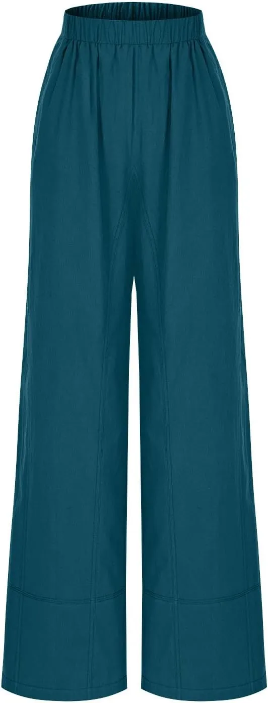 Women's Wide Leg Linen Pants Loose Casual Elastic High Waisted Long Pant Summer Beach Vacation Trousers with Pocket