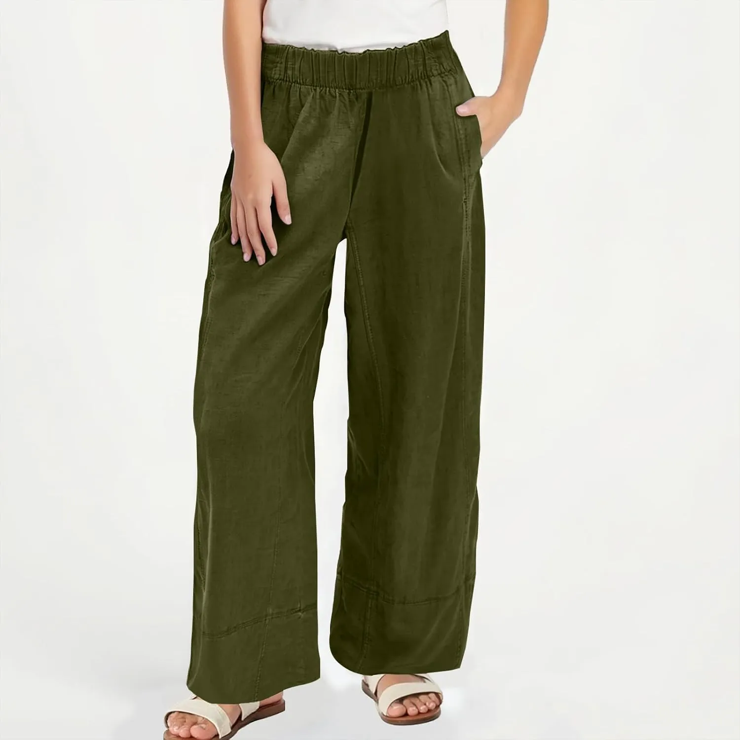 Women's Wide Leg Linen Pants Loose Casual Elastic High Waisted Long Pant Summer Beach Vacation Trousers with Pocket