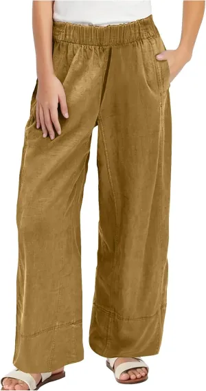 Women's Wide Leg Linen Pants Loose Casual Elastic High Waisted Long Pant Summer Beach Vacation Trousers with Pocket
