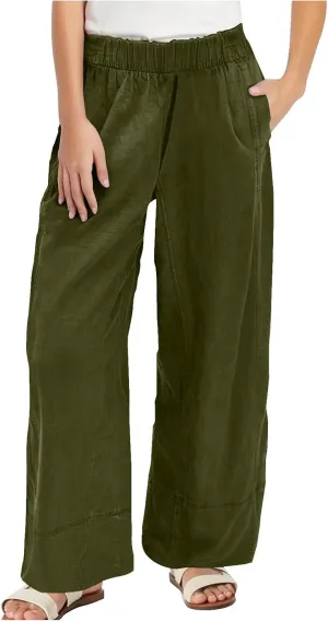 Women's Wide Leg Linen Pants Loose Casual Elastic High Waisted Long Pant Summer Beach Vacation Trousers with Pocket
