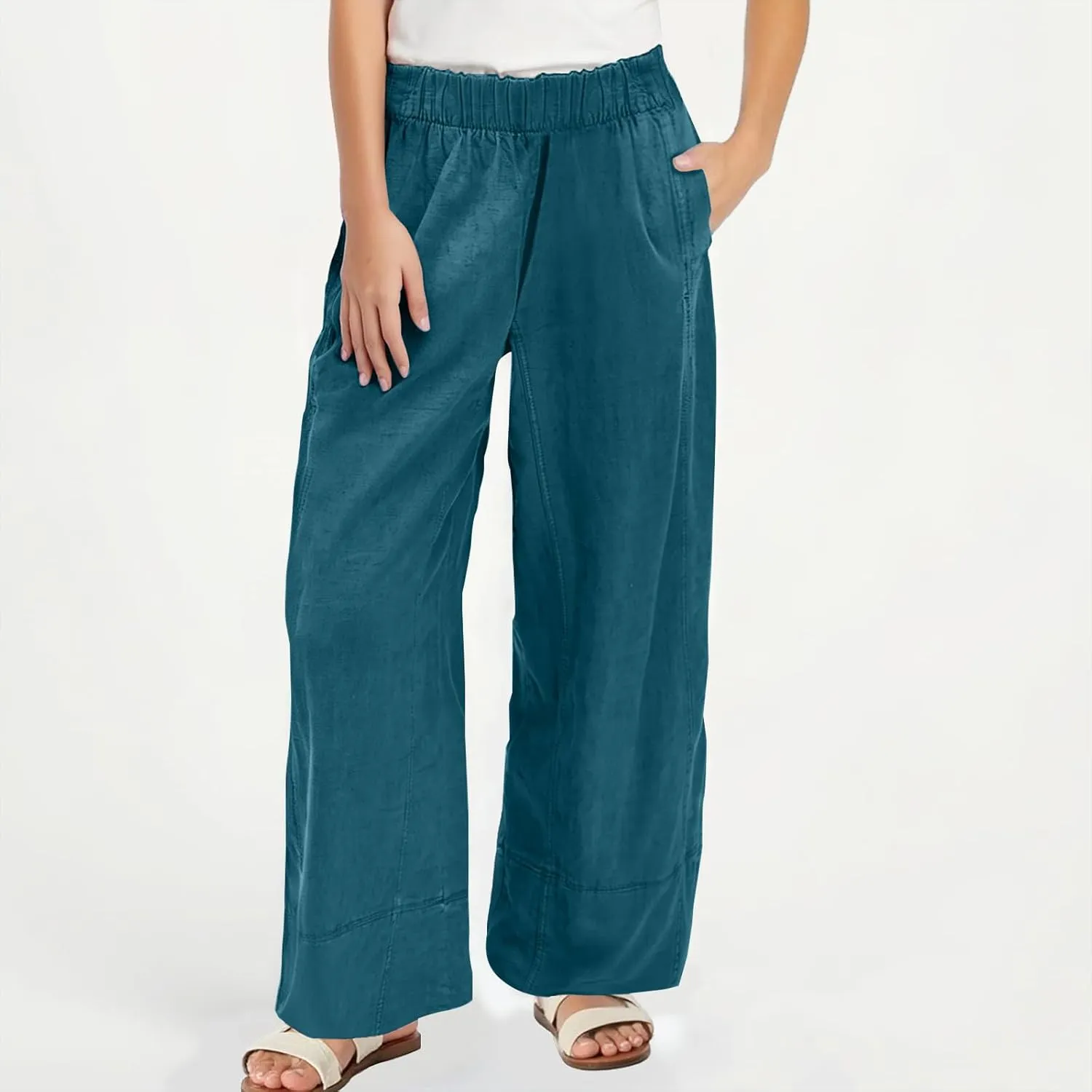 Women's Wide Leg Linen Pants Loose Casual Elastic High Waisted Long Pant Summer Beach Vacation Trousers with Pocket
