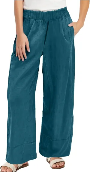 Women's Wide Leg Linen Pants Loose Casual Elastic High Waisted Long Pant Summer Beach Vacation Trousers with Pocket