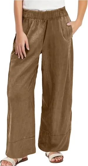 Women's Wide Leg Linen Pants Loose Casual Elastic High Waisted Long Pant Summer Beach Vacation Trousers with Pocket
