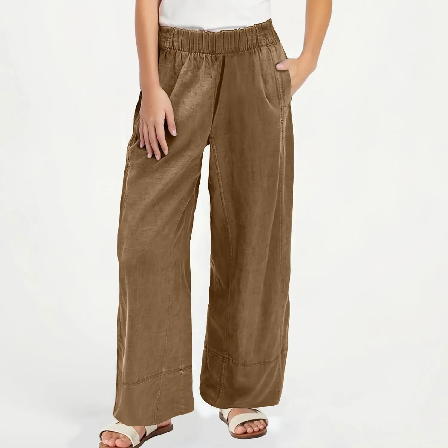 Women's Wide Leg Linen Pants Loose Casual Elastic High Waisted Long Pant Summer Beach Vacation Trousers with Pocket