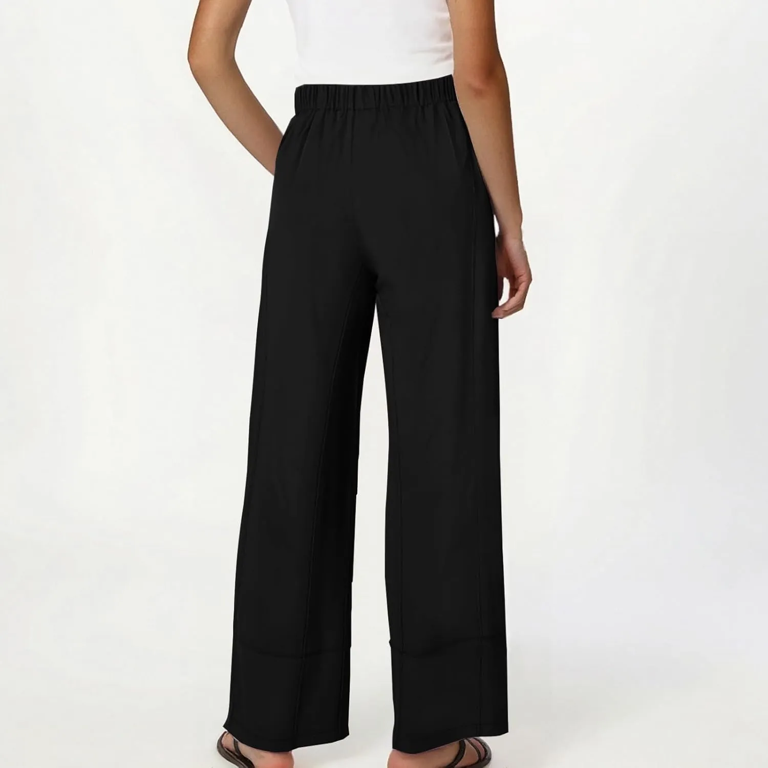 Women's Wide Leg Linen Pants Loose Casual Elastic High Waisted Long Pant Summer Beach Vacation Trousers with Pocket