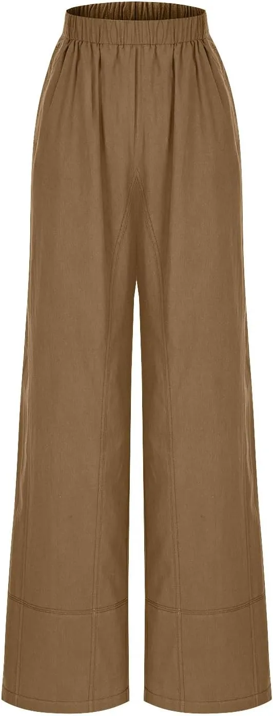 Women's Wide Leg Linen Pants Loose Casual Elastic High Waisted Long Pant Summer Beach Vacation Trousers with Pocket