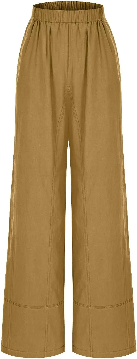 Women's Wide Leg Linen Pants Loose Casual Elastic High Waisted Long Pant Summer Beach Vacation Trousers with Pocket