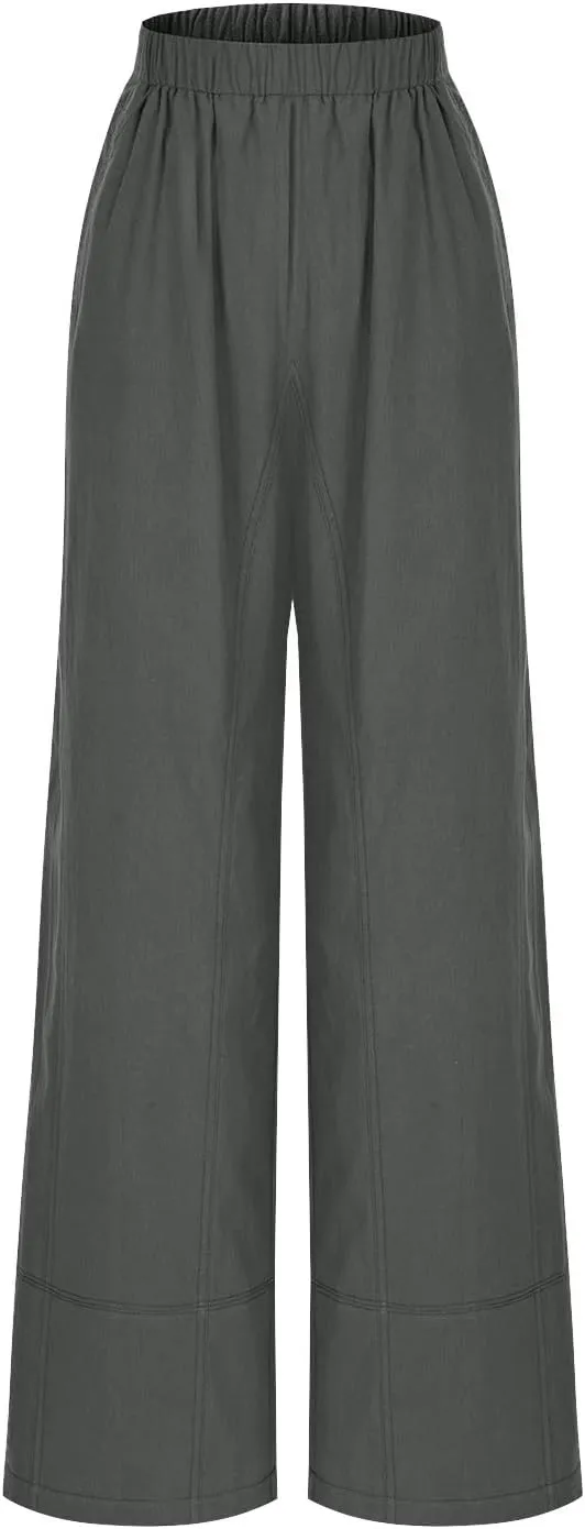 Women's Wide Leg Linen Pants Loose Casual Elastic High Waisted Long Pant Summer Beach Vacation Trousers with Pocket