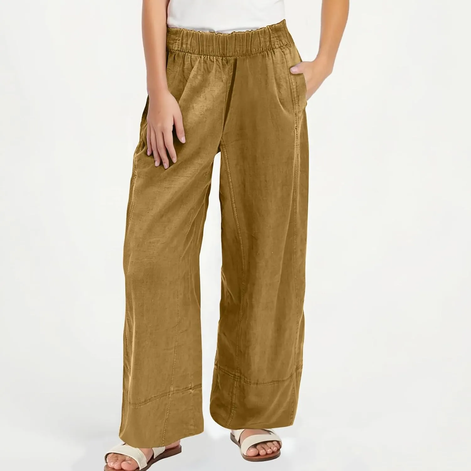 Women's Wide Leg Linen Pants Loose Casual Elastic High Waisted Long Pant Summer Beach Vacation Trousers with Pocket
