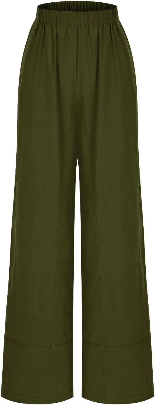 Women's Wide Leg Linen Pants Loose Casual Elastic High Waisted Long Pant Summer Beach Vacation Trousers with Pocket