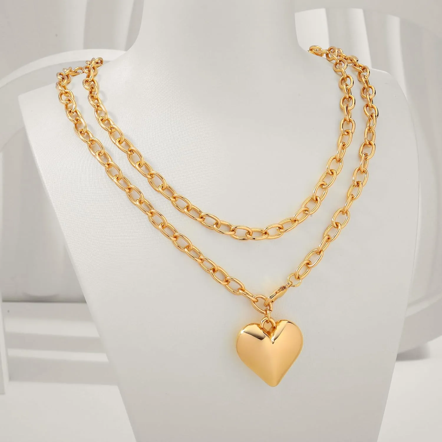WOWORAMA Gold Chunky Chain Necklace for Women Puffy Heart Pendant Necklace White Gold Thick Chunky Chain Link Necklaces Heart Coin Choker Necklace
