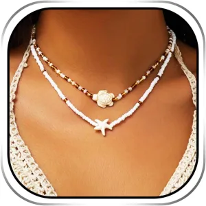 YBSHIN Boho Beaded Necklace White Starfish Layered Necklaces Beach Turtle Necklace for Women