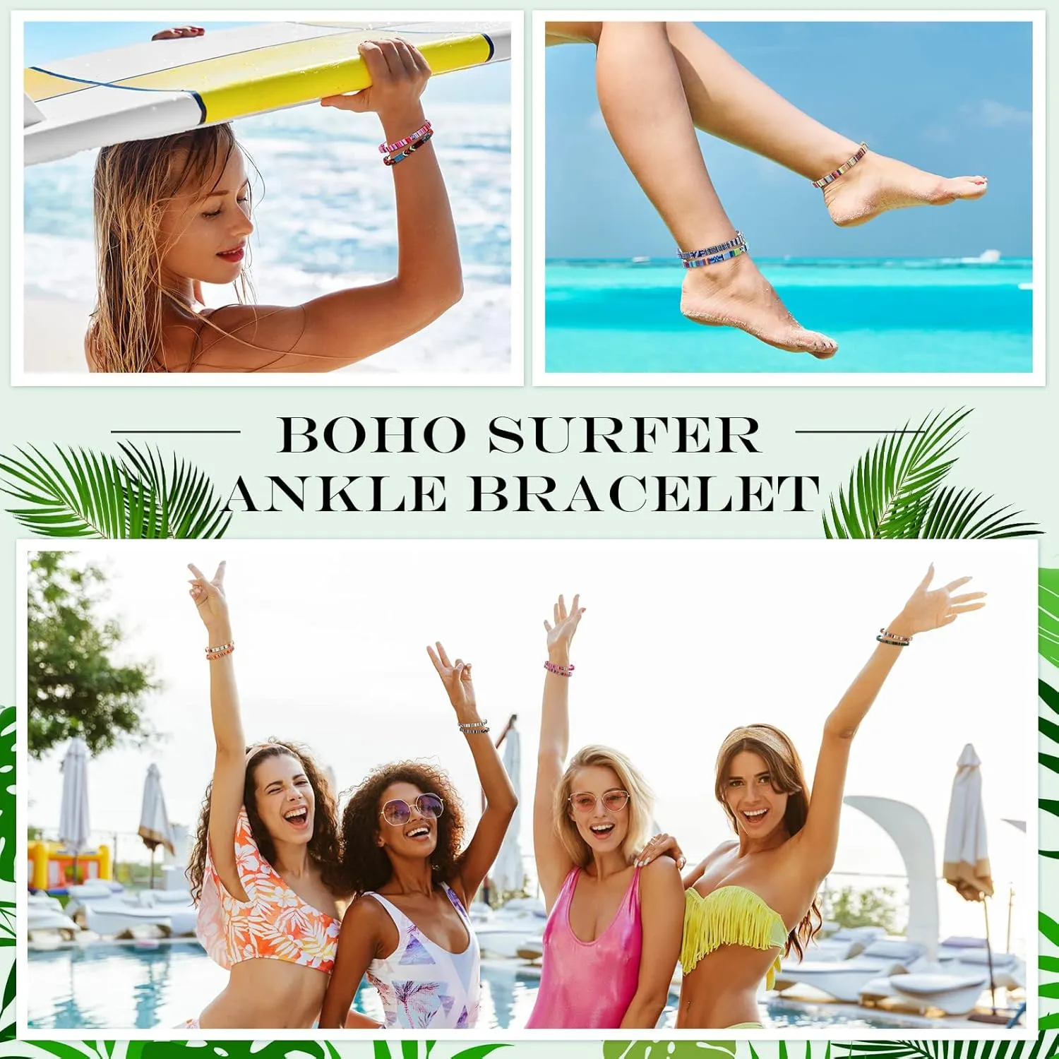 Yinkin 18 Pcs Boho Surfer Bracelet Anklet Adjustable Beaded Anklets Handmade Braided Bracelet Colorful Summer Beach String Rope Boho Jewelry for Women Men